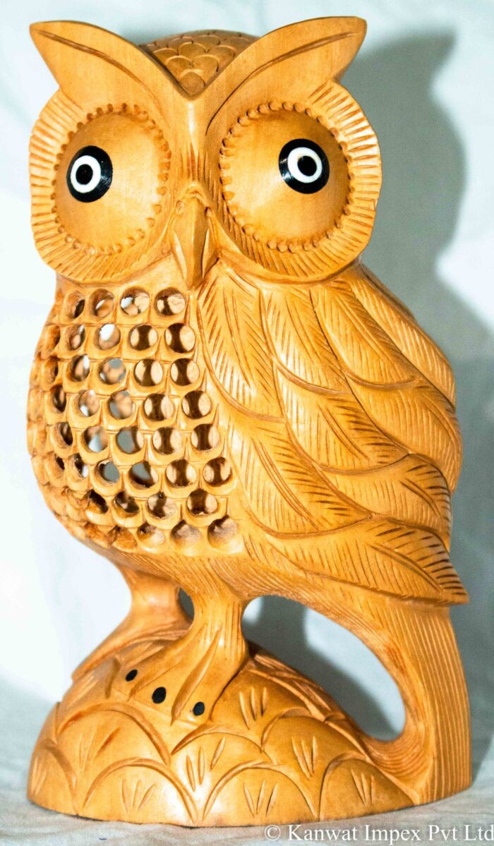 Wooden Carved Undercut Jali Work Owl Statue Jaipuri Handicraft